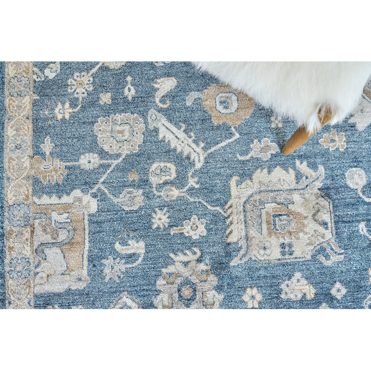 Navy and Beige Hand-Knotted Viscose Rectangular Rug 6' x 9'