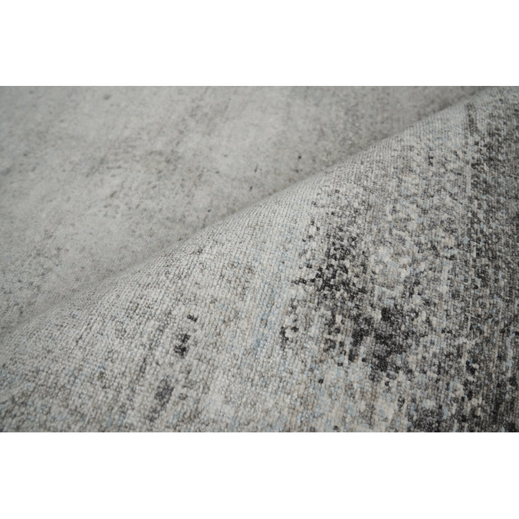 Hand-Knotted Ivory and Dark Gray Silk Abstract Rug