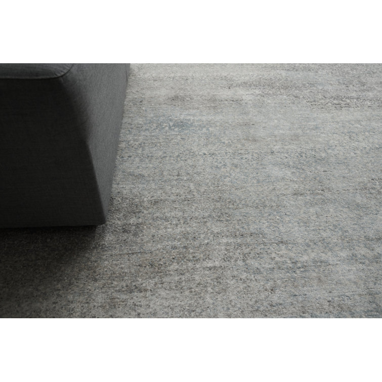 Hand-Knotted Ivory and Dark Gray Silk Abstract Rug