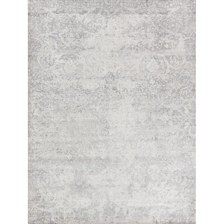 Hand-Knotted Gray and Ivory Silk 8' x 10' Abstract Rug
