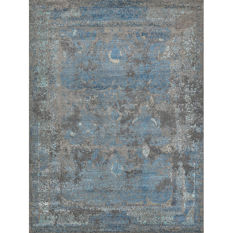 Elder Hand-Knotted Wool and Viscose Blend Gray and Blue Area Rug, 6' x 9'
