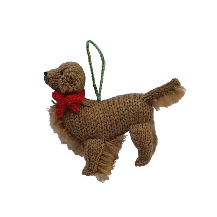Hand-Knit Golden Retriever Ornament with Red Bow