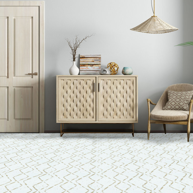 Diamond Pattern Self-Adhesive Vinyl Floor Tiles, 12" x 12", White and Beige