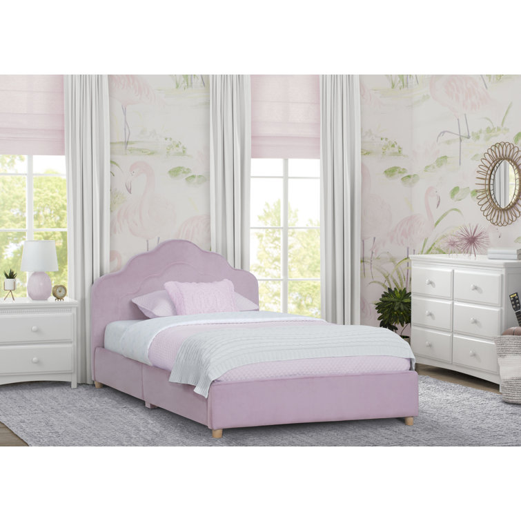 Rose Pink Twin Upholstered Platform Bed with Scalloped Headboard