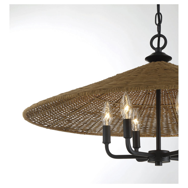 Matte Black and Natural Rattan 30" 6-Light Pendant