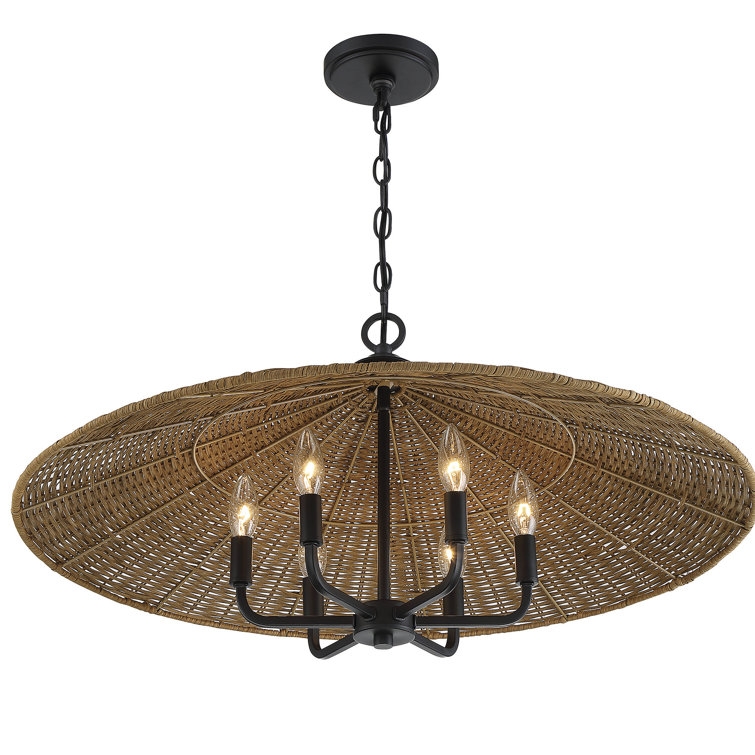 Matte Black and Natural Rattan 30" 6-Light Pendant