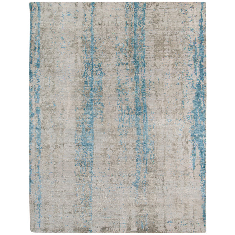 Zenith Blue Hand-Knotted Wool and Silk Abstract Rug