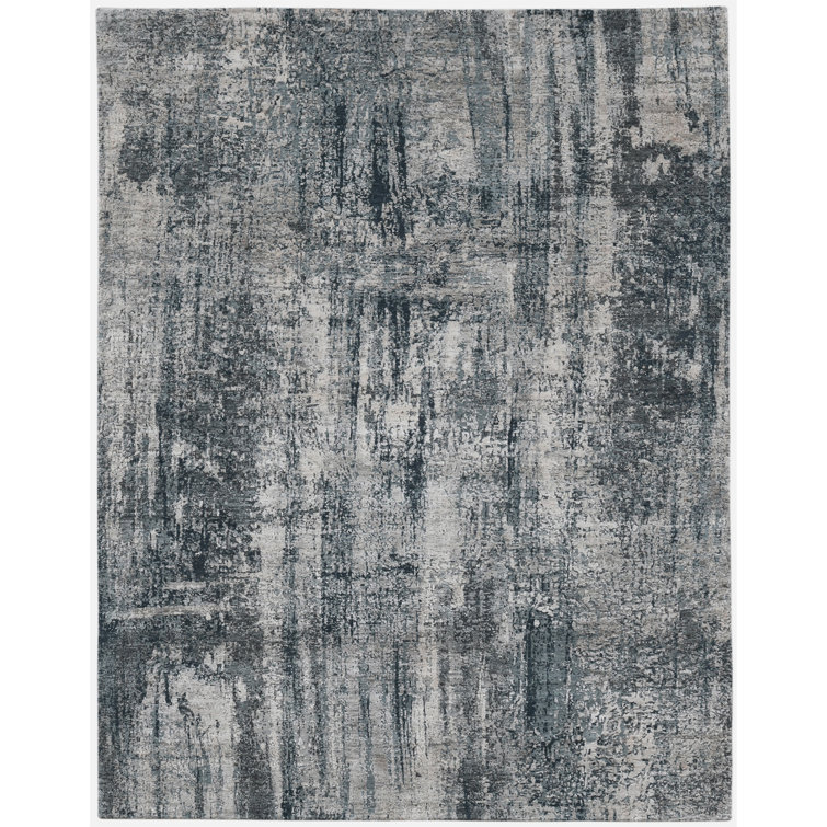Gray Abstract Hand-Knotted Wool and Silk Area Rug