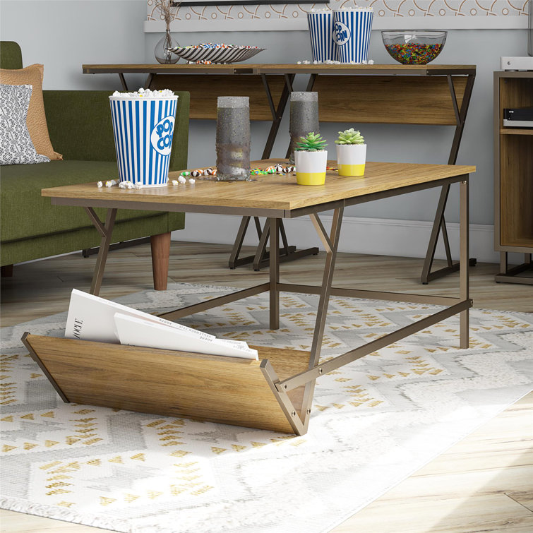 Regal Light Walnut Woodgrain Coffee Table with Bronze Metal Frame