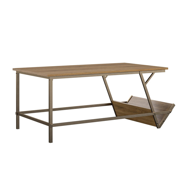 Regal Light Walnut Woodgrain Coffee Table with Bronze Metal Frame
