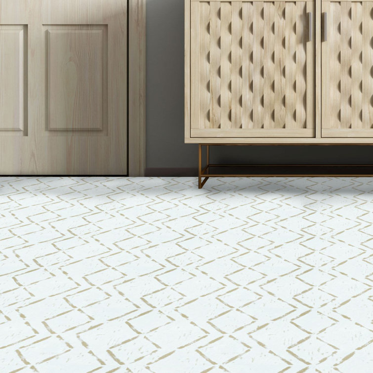 Diamond Pattern Self-Adhesive Vinyl Floor Tiles, 12" x 12", White and Beige