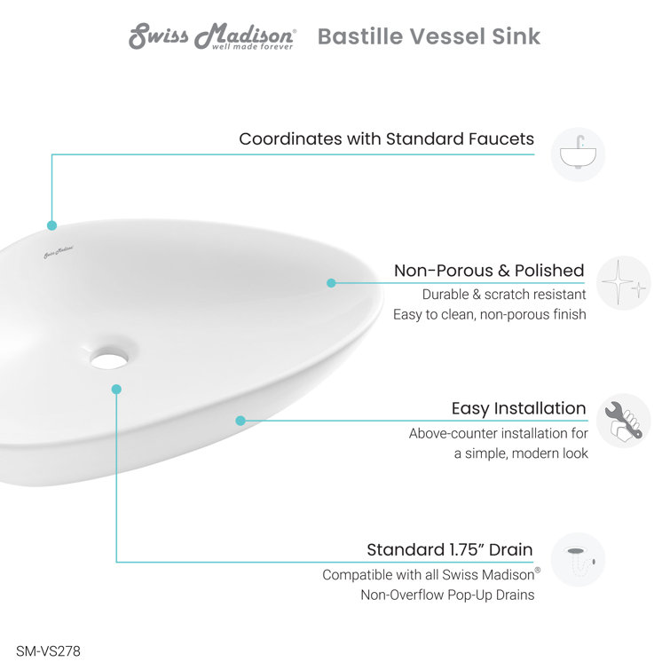 White Ceramic Above-Counter Vessel Sink, 23"