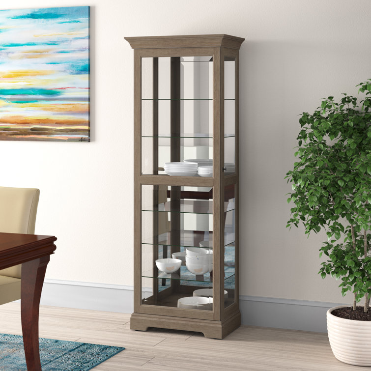 Aged Gray Lighted Glass Curio Cabinet with Adjustable Shelves