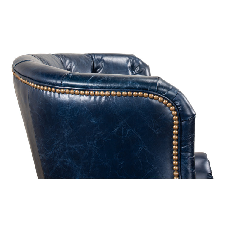Transitional Chateau Blue Genuine Leather Wingback Chair