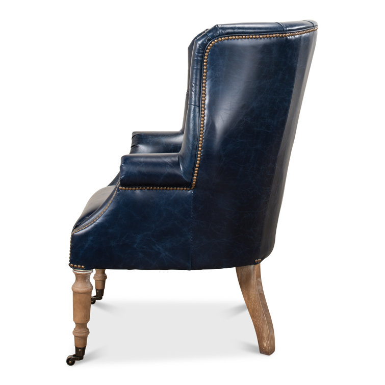 Transitional Chateau Blue Genuine Leather Wingback Chair