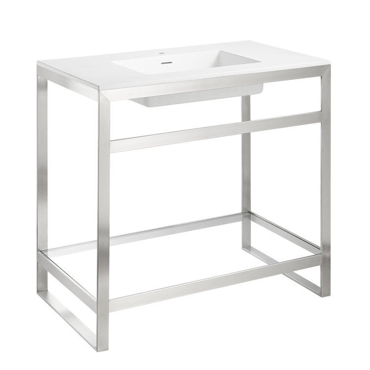 Brushed Nickel and Glossy White Glass Console Sink