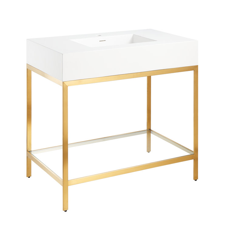 Brushed Gold and White Glass Console Sink with Resin Counter