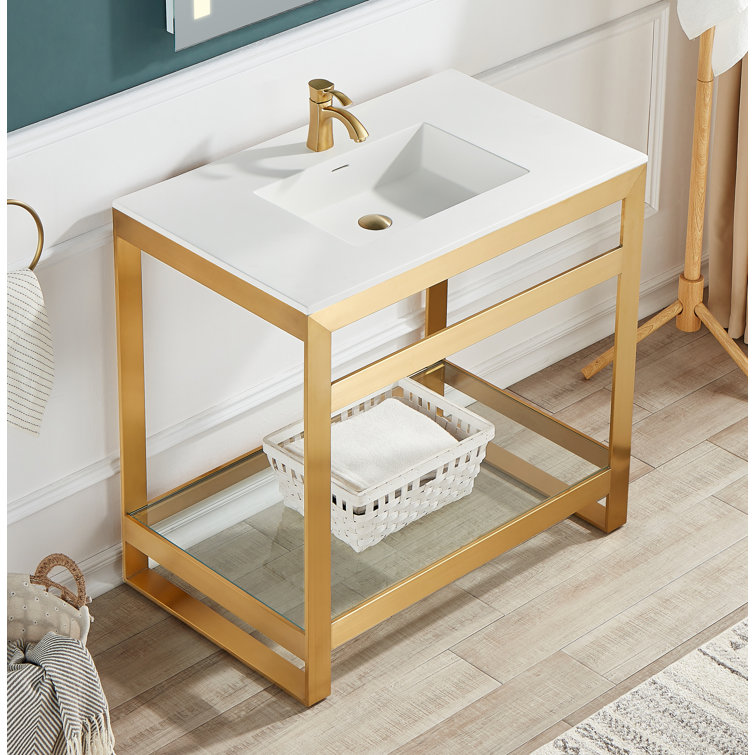 Brushed Gold and White Glass Console Sink with Shelf