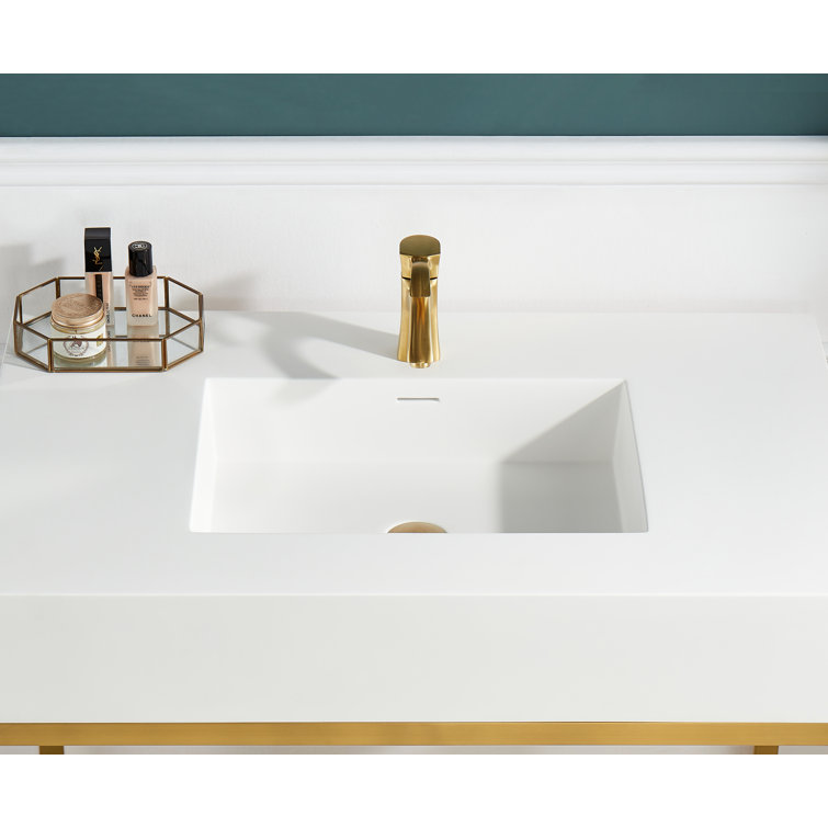 Brushed Gold and White Glass Console Sink with Resin Counter