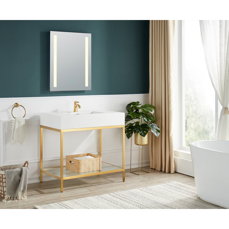 Brushed Gold and White Glass Console Sink with Resin Counter