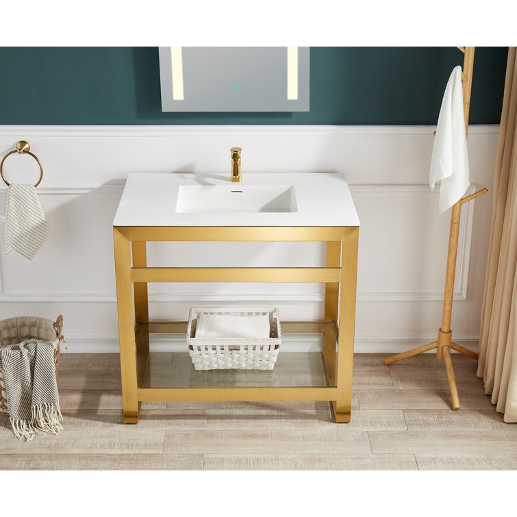 Brushed Gold and White Glass Console Sink with Shelf