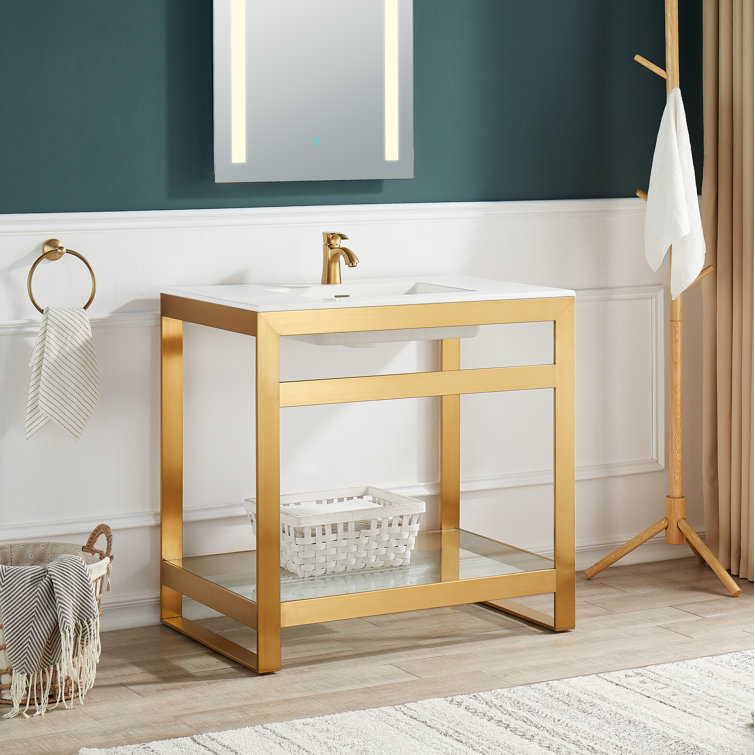 Brushed Gold and White Glass Console Sink with Shelf