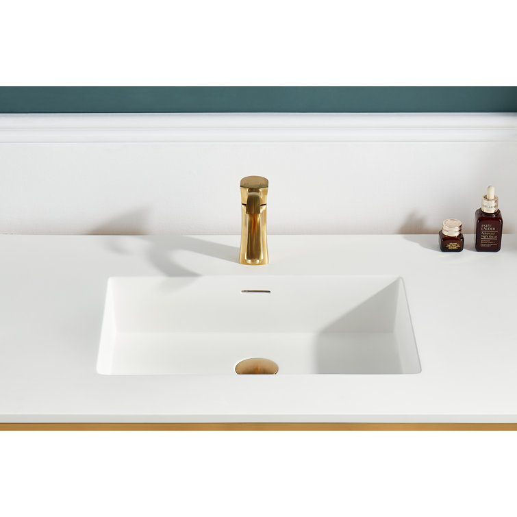Brushed Gold and White Glass Console Sink with Shelf