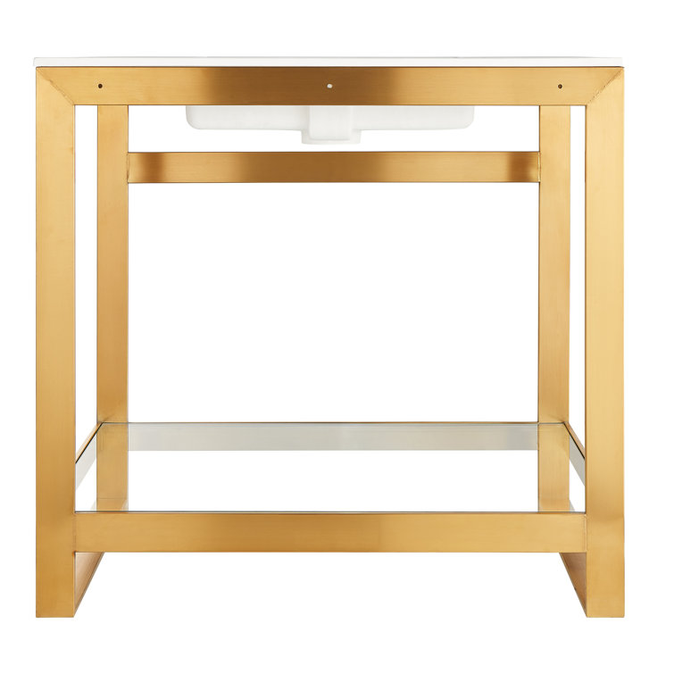 Brushed Gold and White Glass Console Sink with Shelf