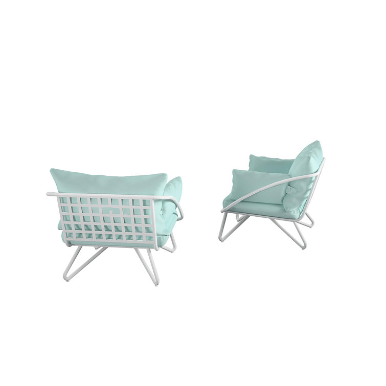 Teddi Aqua Haze Midcentury Modern Outdoor Lounge Chair Pair with Cushions