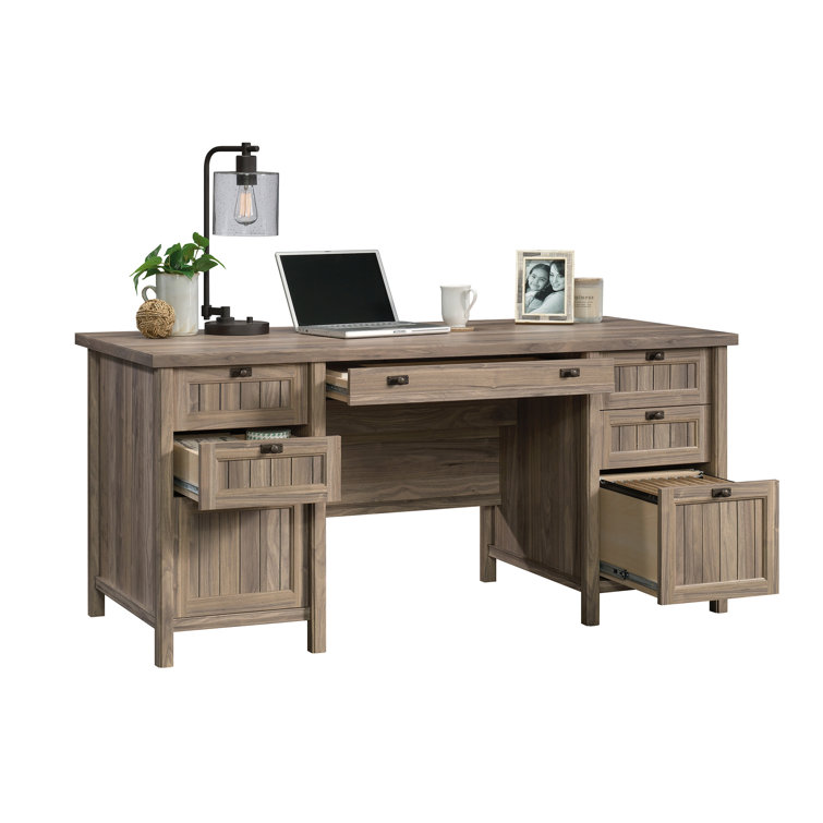 Washed Walnut Executive Desk with Drawers and Keyboard Tray