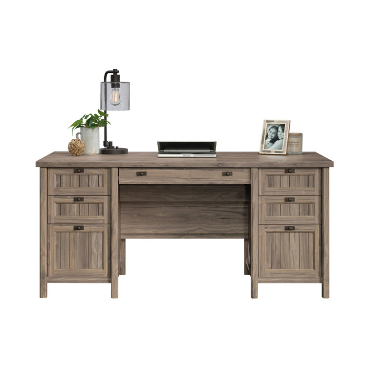 Washed Walnut Executive Desk with Drawers and Keyboard Tray