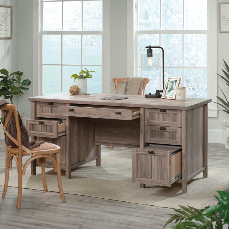 Washed Walnut Executive Desk with Drawers and Keyboard Tray