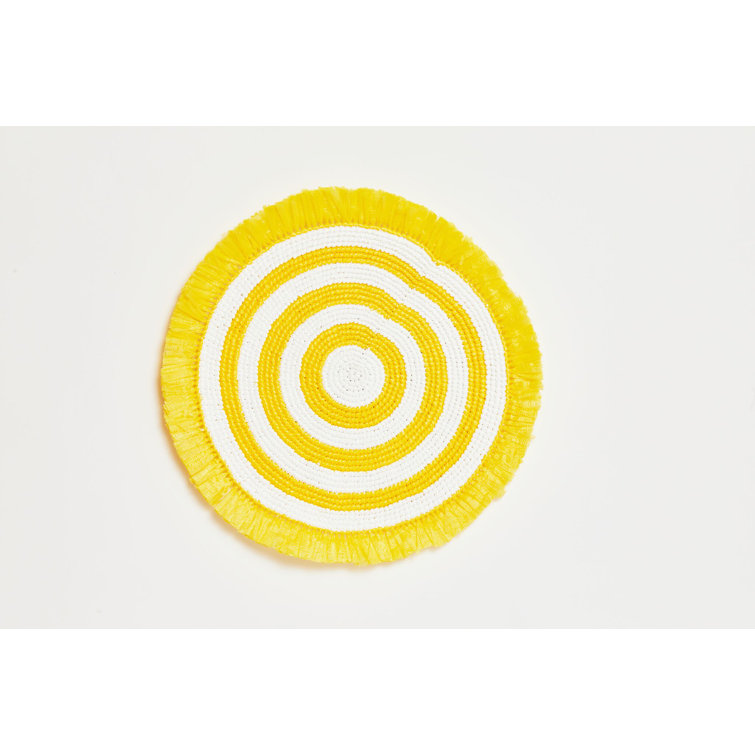 Yellow and White Round Fringe Plastic Placemats Set of 4