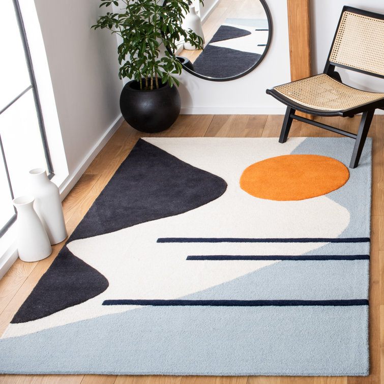 Ivory and Blue Abstract Wool 10' x 14' Rug