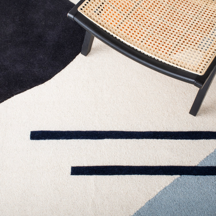Ivory and Blue Abstract Wool 10' x 14' Rug