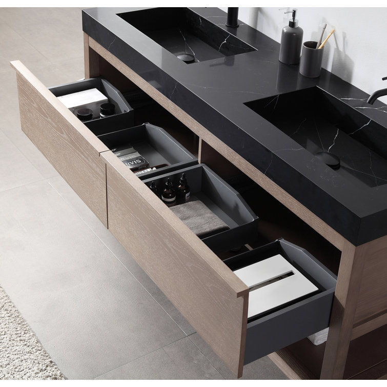 Pluto 72" Chestnut Oak Double Sink Freestanding Vanity with Black Marquina Quartz Top