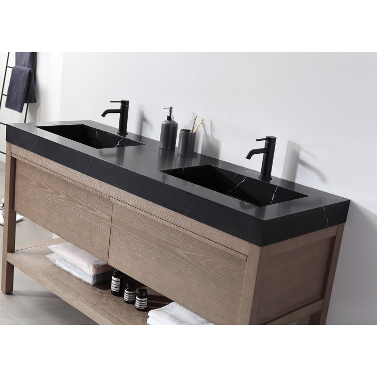 Pluto 72" Chestnut Oak Double Sink Freestanding Vanity with Black Marquina Quartz Top