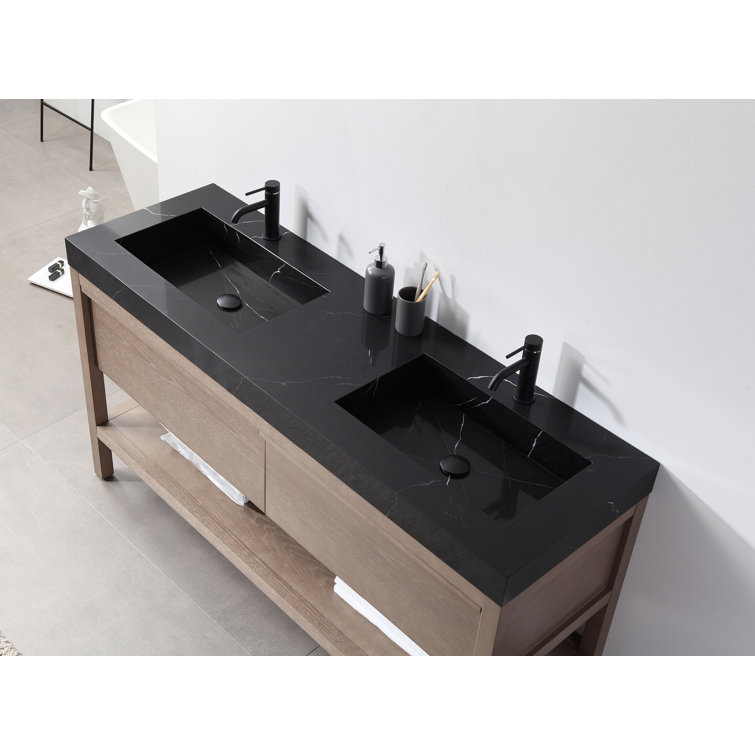 Pluto 72" Chestnut Oak Double Sink Freestanding Vanity with Black Marquina Quartz Top