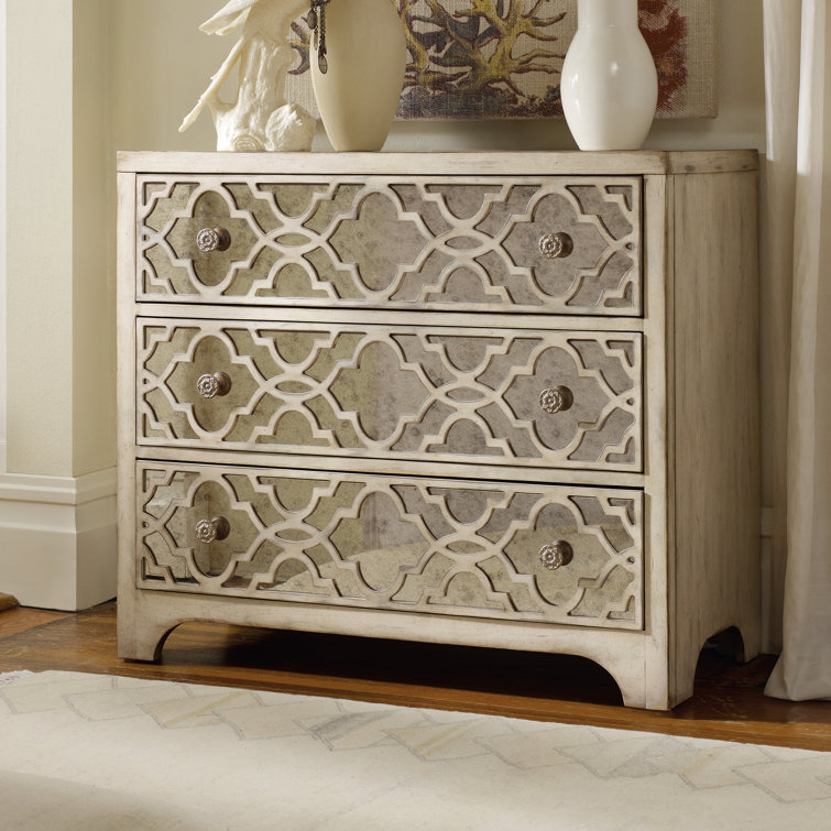 White Mirrored 3-Drawer Accent Chest with Fretwork