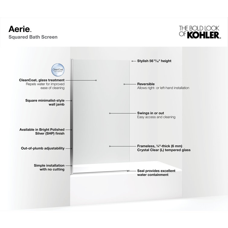 Aerie Bright Polished Silver Frameless Pivot Shower Door with Clear Glass