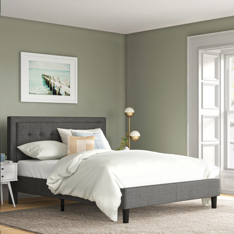 Dark Grey Queen Upholstered Platform Bed with Tufted Headboard