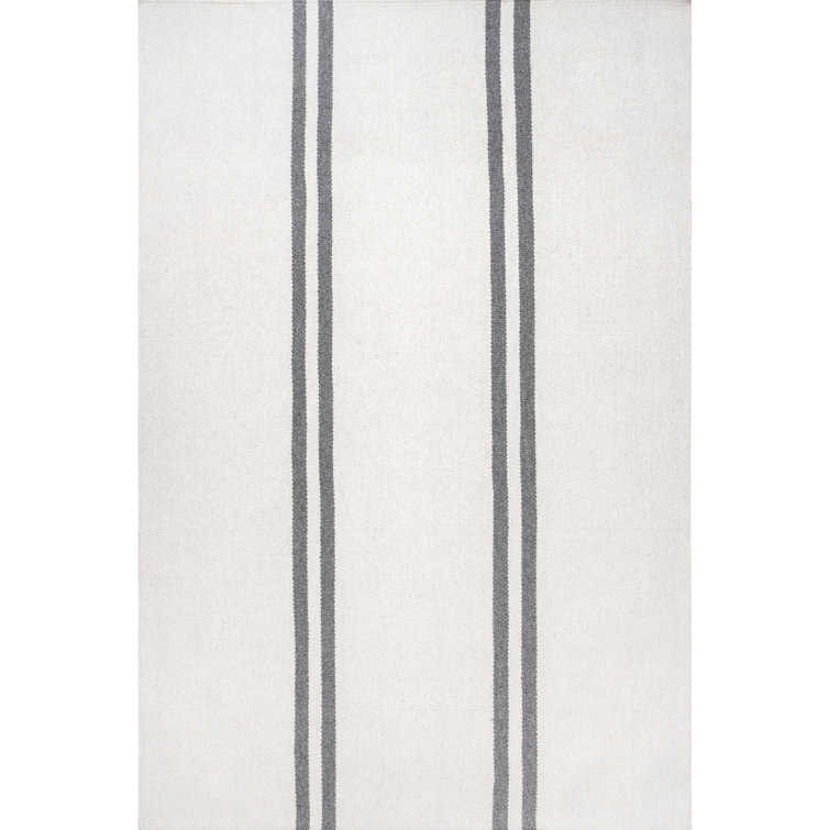 Ivory and Gray Striped Wool 4' x 6' Flat Woven Rug