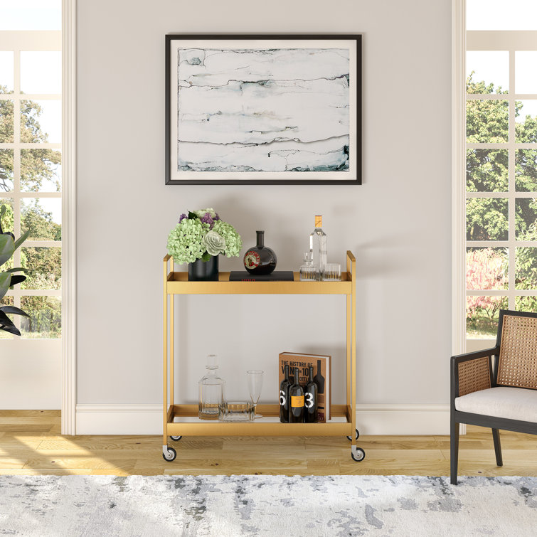 Glamourous Brass Finish Rectangular Bar Cart with Glass Shelves