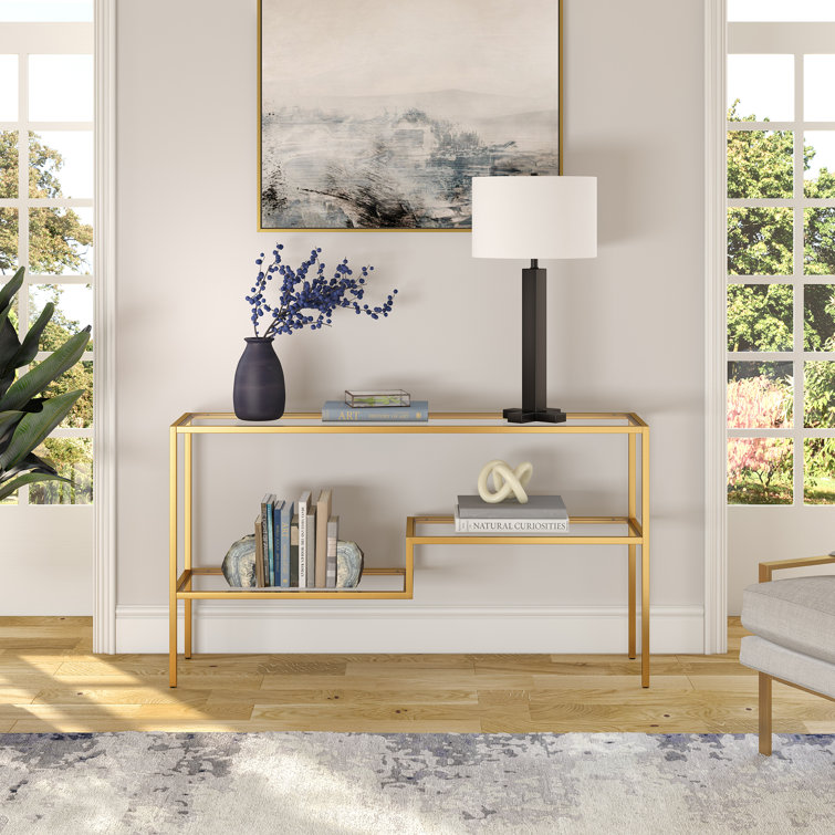 Evelyn&Zoe Lovett Modern Brushed Gold Console Table with Tempered Glass Shelves
