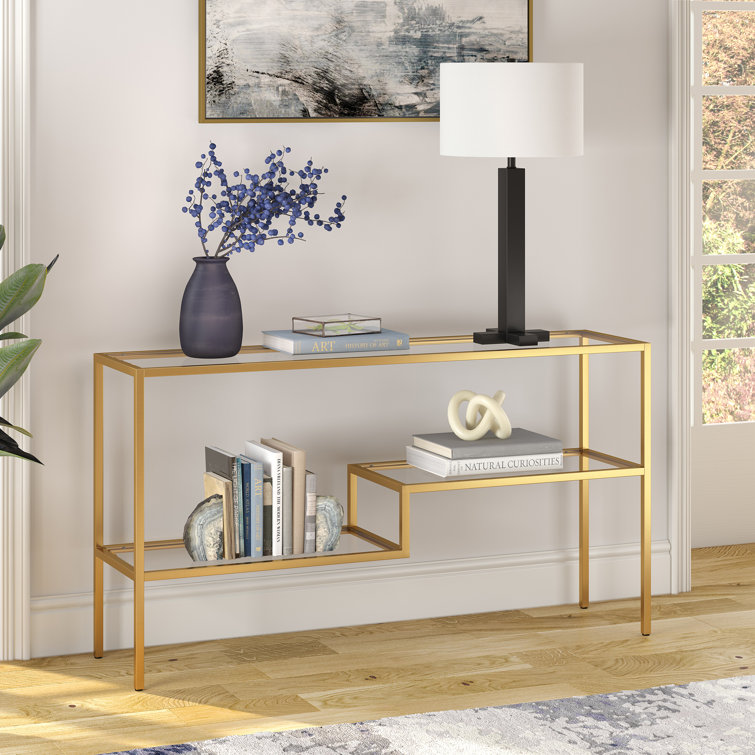 Evelyn&Zoe Lovett Modern Brushed Gold Console Table with Tempered Glass Shelves