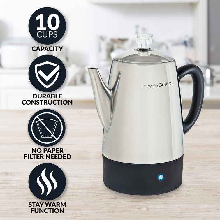 HomeCraft 10-Cup Polished Stainless Steel Coffee Percolator