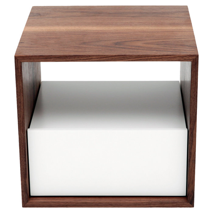 Walnut and White Solid Wood Nightstand with Drawer