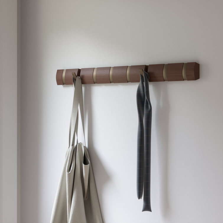 Walnut Wall Mounted Coat Rack with 8 Retractable Hooks