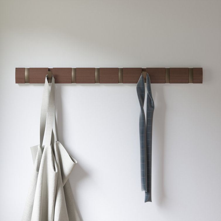 Walnut Wall Mounted Coat Rack with 8 Retractable Hooks