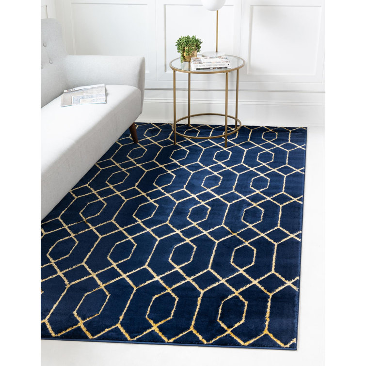 Navy Blue Gold Trellis 6' x 9' Rectangular Area Rug